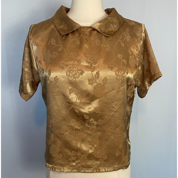 Blouse Top Size Small XS Gold Rose Floral Jacquard Short Sleeve Coquette Twee - Picture 1 of 11